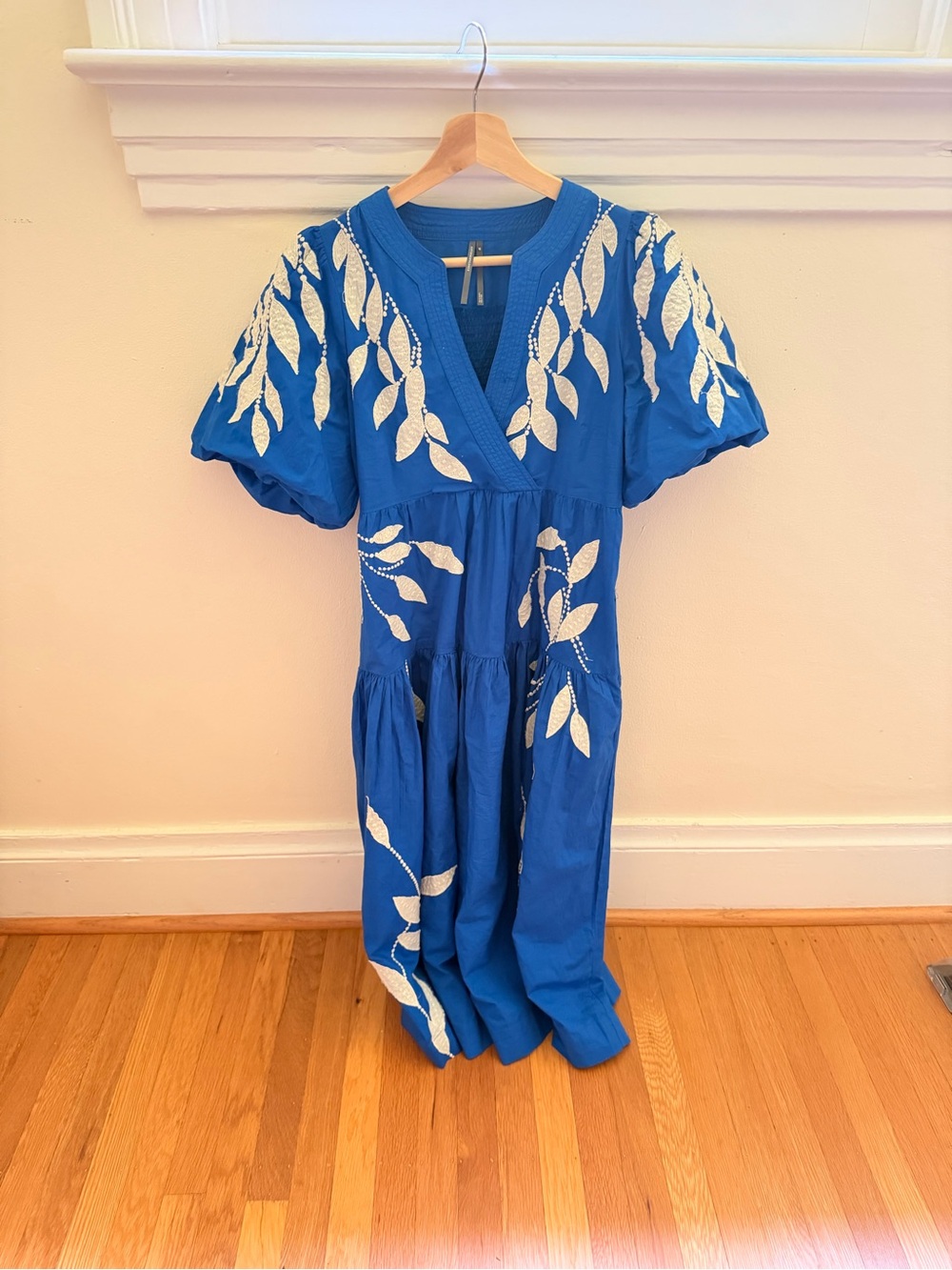 Anthropologie Royal Blue Midi Dress with White Leaf Embroidery